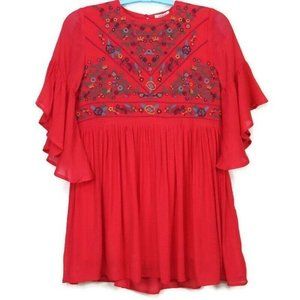 Umgee Boho Babydoll Short Mini Dress Red Floral Embroidered S‎ Small